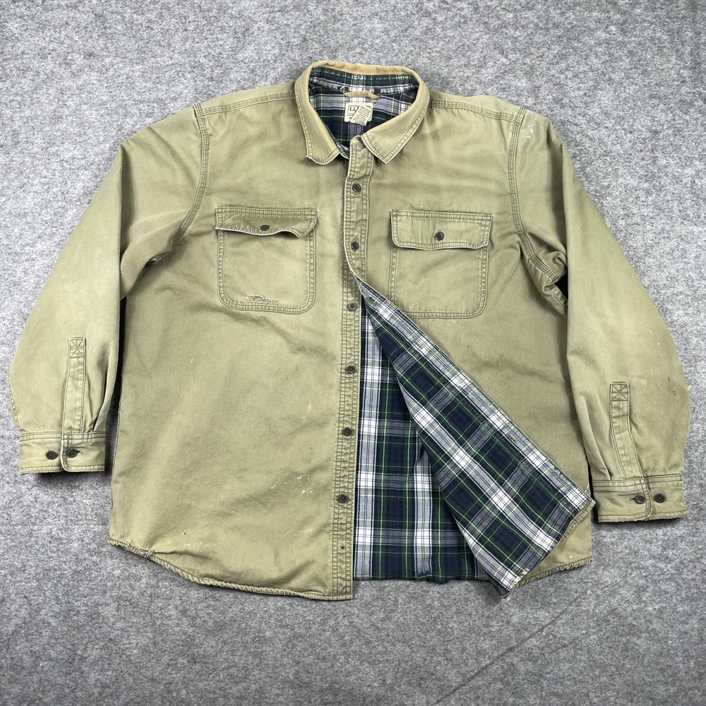 LL Bean Hurricane Shirt Mens XL Reg Green Flannel Lined Canvas Traditional Fit